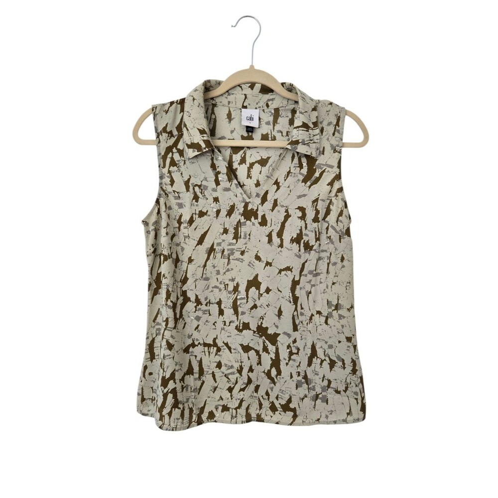 CAbi Sleeveless Mock Neck Top Cream Tan Animal Print Shell Small